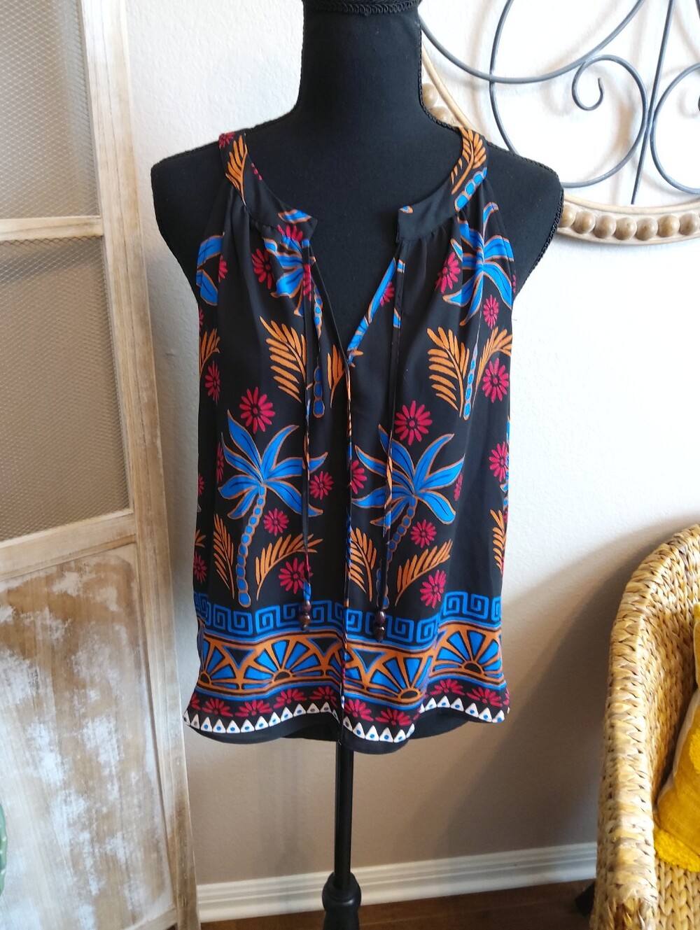Rose & Olive Black Floral Tie-Front Camisole with Blue & Orange Accents